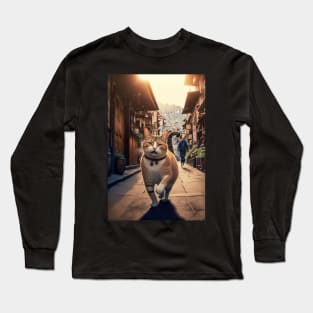 Cute cat walking on a small street Long Sleeve T-Shirt